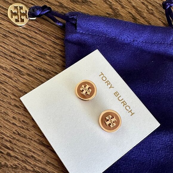 NEW!Tory Burch Enamel Logo Stud Earrings -Black/ Ivory/ Tan - Picture 3 of 8